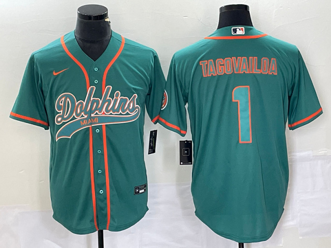 Men's Miami Dolphins #1 Tua Tagovailoa Aqua Cool Base Stitched Baseball Jersey Men's Miami Dolphins #1 Tua Tagovailoa Aqua Cool Base Stitched Baseball Jersey